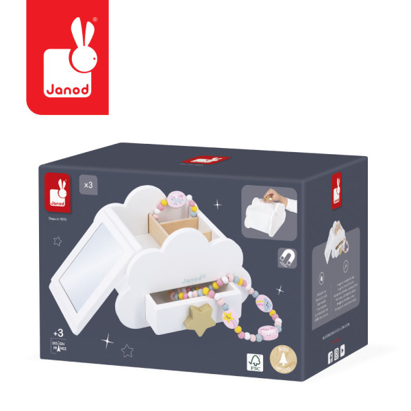 Drewniana szkatułka na biżuterię z lusterkiem, naszyjnikiem i bransoletką JEDNOROŻCE Janod 3+