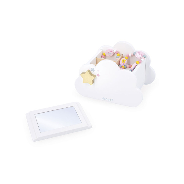 Drewniana szkatułka na biżuterię z lusterkiem, naszyjnikiem i bransoletką JEDNOROŻCE Janod 3+