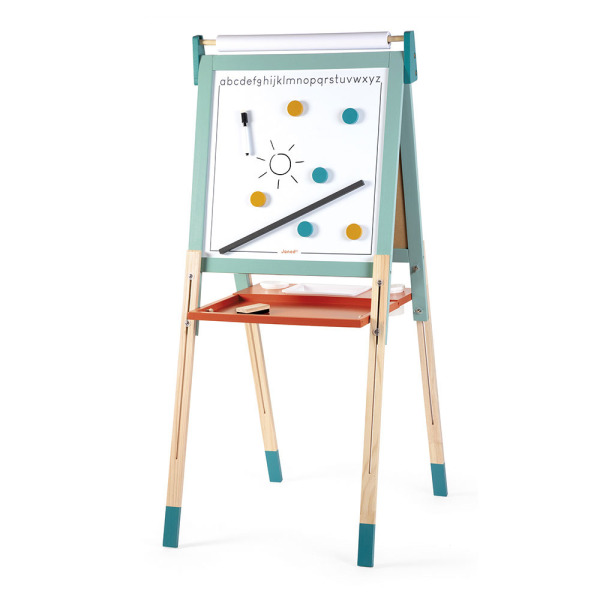 DREWNIANA TABLICA DO NAUKI PISANIA I RYSOWANIA z regulacją wysokości i 14 akcesoriami Janod 3+