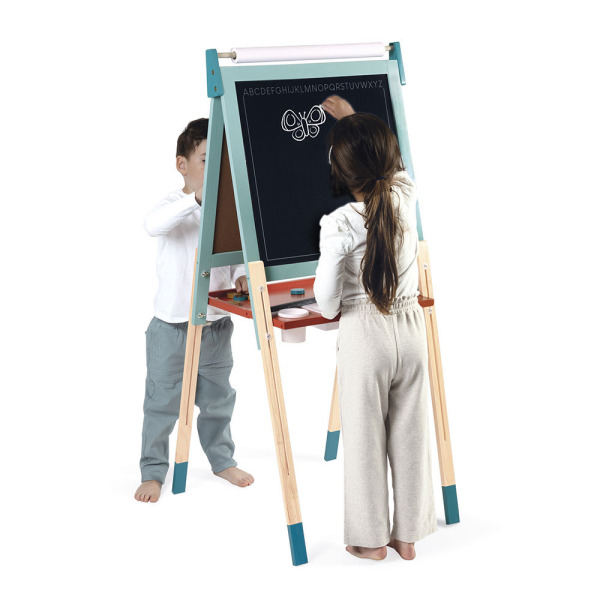 DREWNIANA TABLICA DO NAUKI PISANIA I RYSOWANIA z regulacją wysokości i 14 akcesoriami Janod 3+