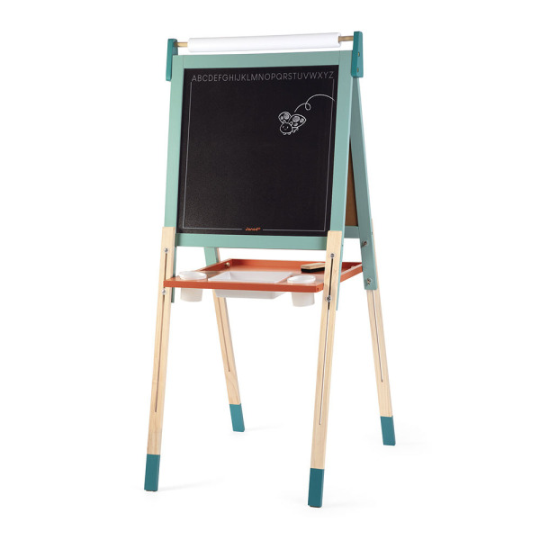 DREWNIANA TABLICA DO NAUKI PISANIA I RYSOWANIA z regulacją wysokości i 14 akcesoriami Janod 3+