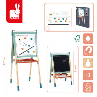 DREWNIANA TABLICA DO NAUKI PISANIA I RYSOWANIA z regulacją wysokości i 14 akcesoriami Janod 3+