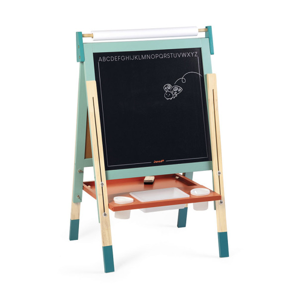 DREWNIANA TABLICA DO NAUKI PISANIA I RYSOWANIA z regulacją wysokości i 14 akcesoriami Janod 3+