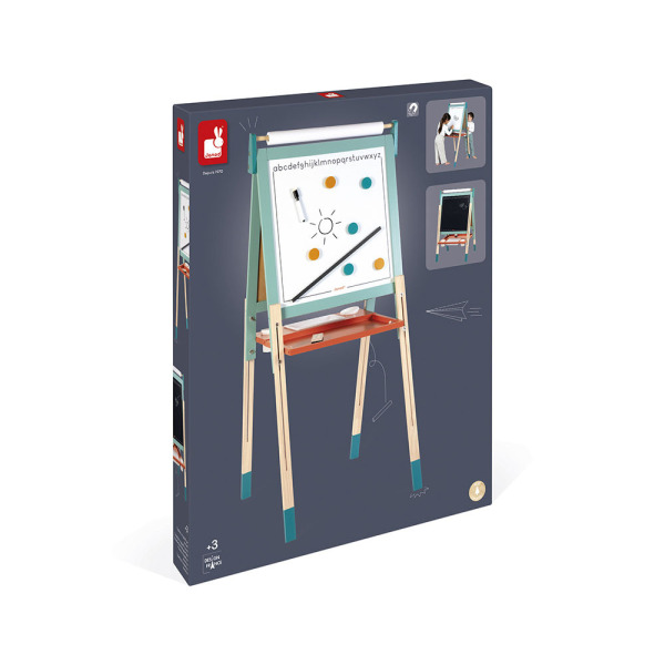 DREWNIANA TABLICA DO NAUKI PISANIA I RYSOWANIA z regulacją wysokości i 14 akcesoriami Janod 3+