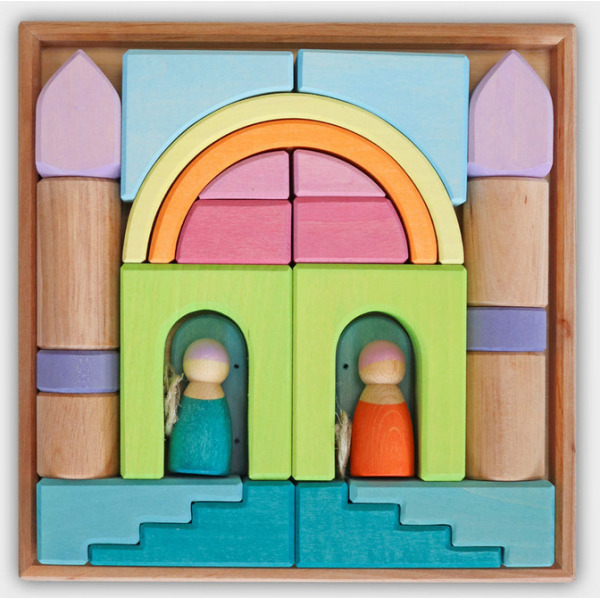 KOLORY NIEBA drewniana układanka na podstawce pastelowe klocki 27 el. Grimm's