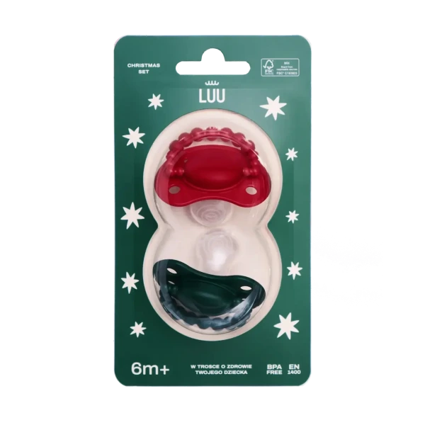 Smoczek pozycjonujący zestaw świąteczny 2 smoczków HOLY GREEN i SANTA RED 0-3M LUU Kids