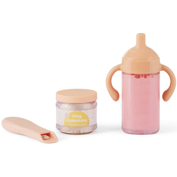 ZESTAW URODZINOWY magiczny kubek i słoiczek z jedzeniem i łyżeczką do karmienia lalek Tiny Harlow 3+