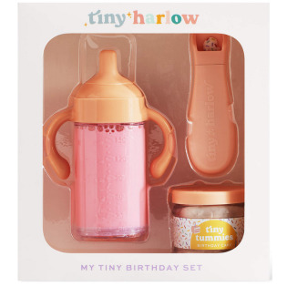 ZESTAW URODZINOWY magiczny kubek i słoiczek z jedzeniem i łyżeczką do karmienia lalek Tiny Harlow 3+