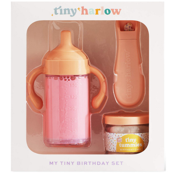 ZESTAW URODZINOWY magiczny kubek i słoiczek z jedzeniem i łyżeczką do karmienia lalek Tiny Harlow 3+