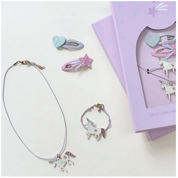 JEDNOROŻEC zestaw 4 el. spinki do włosów, naszyjnik, bransoletka Unicorn Hair & Jewellery Set Rockahula
