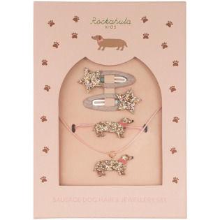 JAMNIK zestaw 4 el. spinki do włosów, naszyjnik, bransoletka Sausage Dog Hair & Jewellery Set Rockahula