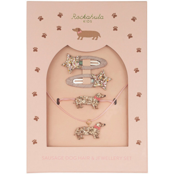 JAMNIK zestaw 4 el. spinki do włosów, naszyjnik, bransoletka Sausage Dog Hair & Jewellery Set Rockahula