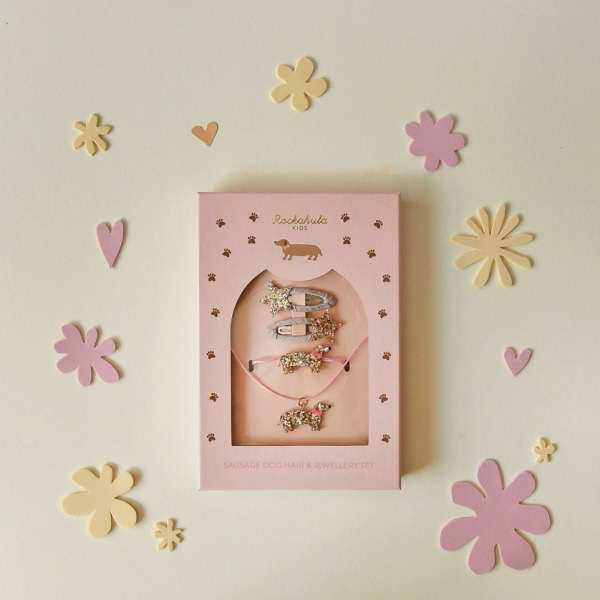 JAMNIK zestaw 4 el. spinki do włosów, naszyjnik, bransoletka Sausage Dog Hair & Jewellery Set Rockahula