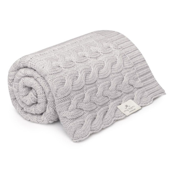 LIGHT GREY kocyk wełniany merino premium collection warkocz 80 x 100 cm My Memi