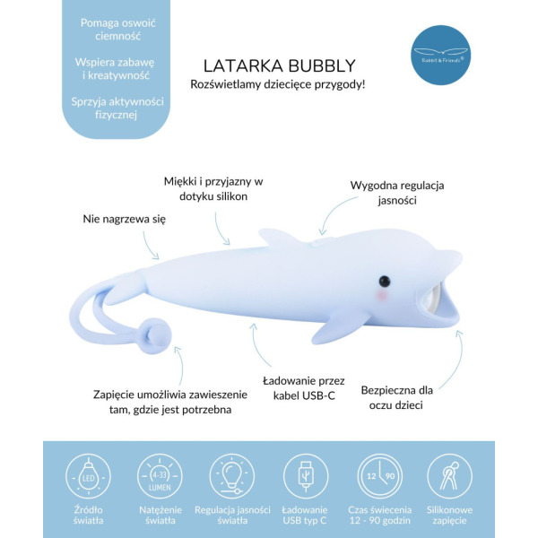 DELFIN BUBBLY silikonowa latarka LED z akumulatorem niebieska Rabbit & Friends