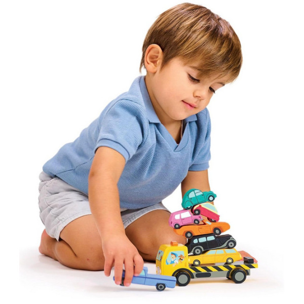 CIĘŻARÓWKA Z AUTKAMI drewniana gra zręcznościowa Tender Leaf Toys 18 msc+