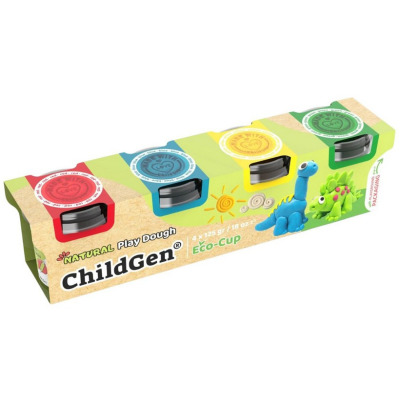 DINOZAURY naturalna ciastolina w eko-kubkach - zestaw 4 kolorów: niebieski, żółty, czerwony, zielony 4 x 125 gr ChildGen 3+