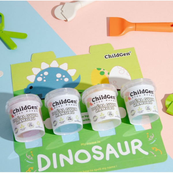 DINOZAURY naturalna ciastolina w eko-kubkach - zestaw 4 kolorów: niebieski, żółty, czerwony, zielony 4 x 125 gr ChildGen 3+