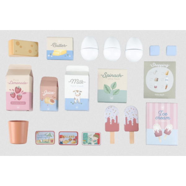 DREWNIANA LODÓWKA z akcesoriami edycja limitowana zabawa w dom, kuchnię i gotowanie FSC Little Dutch 3+