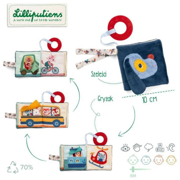 PIESEK JULES mini-książeczka wielofunkcyjna z szeleszczącą folią i gryzakiem Lilliputiens 6m+