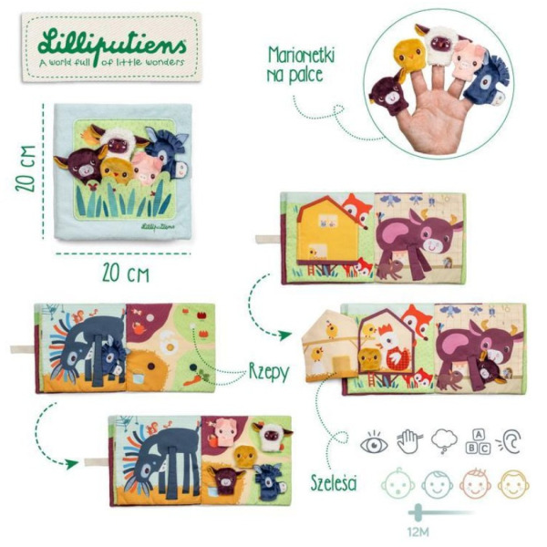 FARMA miękka książeczka aktywizująca z mini-pacynkami Lilliputiens 12m+