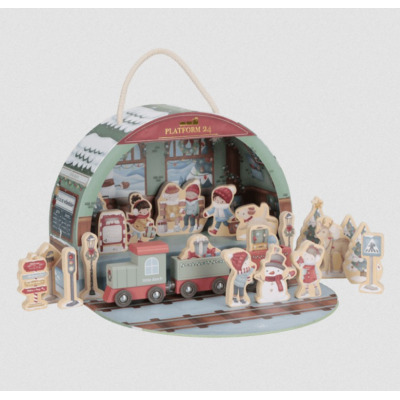 KALENDARZ ADWENTOWY drewniane figurki kolejka FSC w walizeczce X-MAS Little Dutch 2+