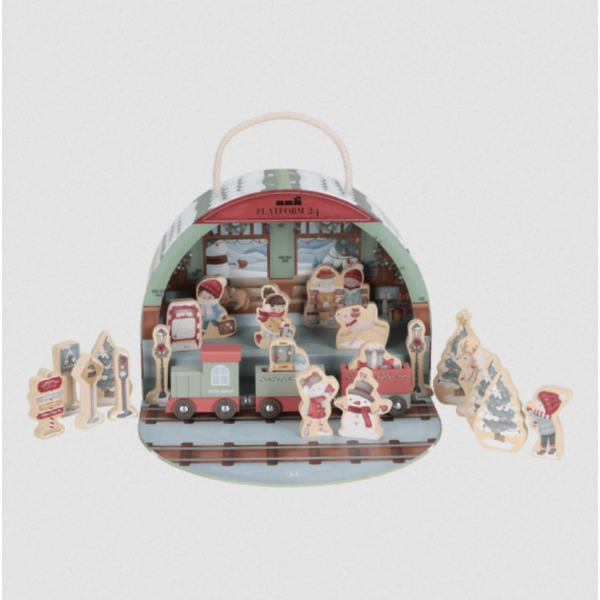 KALENDARZ ADWENTOWY drewniane figurki kolejka FSC w walizeczce X-MAS Little Dutch 2+