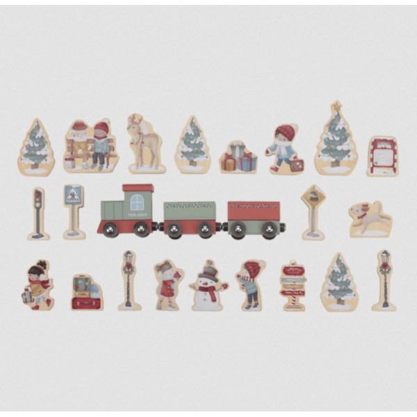 KALENDARZ ADWENTOWY drewniane figurki kolejka FSC w walizeczce X-MAS Little Dutch 2+