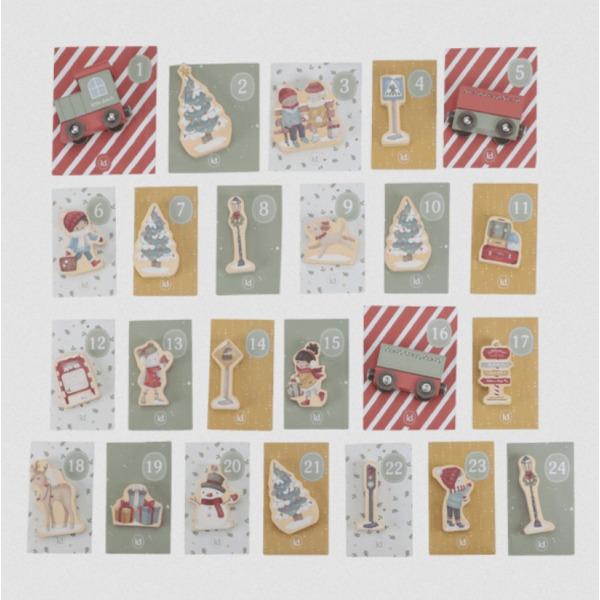 KALENDARZ ADWENTOWY drewniane figurki kolejka FSC w walizeczce X-MAS Little Dutch 2+