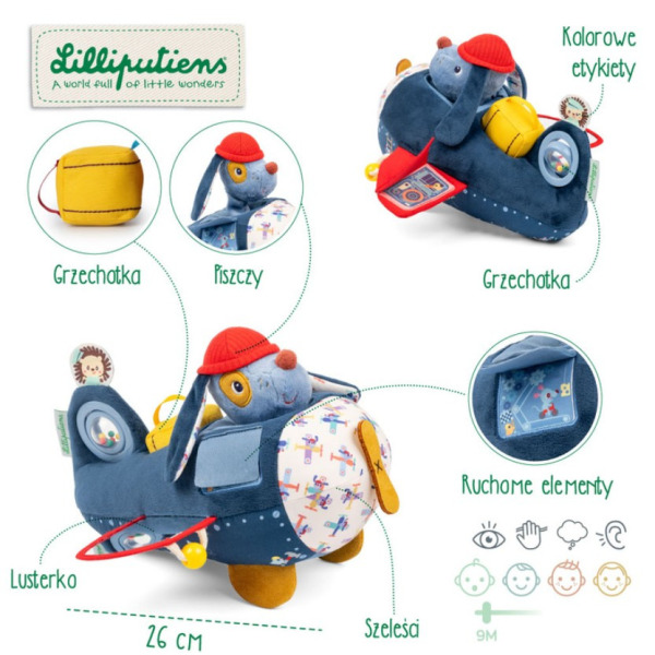 PIESEK JULES samolot przytulanka aktywizująca Lilliputiens 9m+