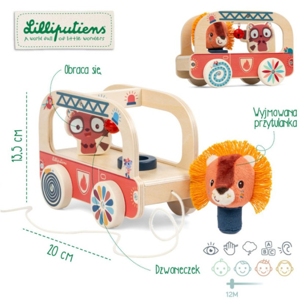 LEW JACK drewniany wózek do ciągnięcia Wóz strażacki Lilliputiens 12 m+