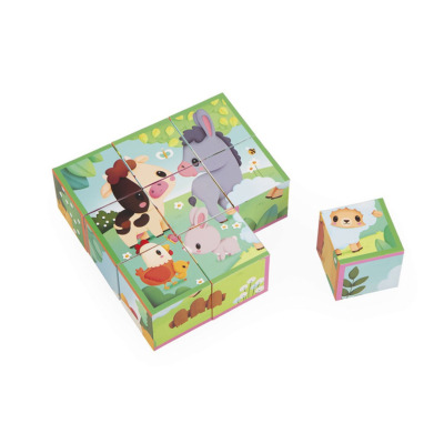 FARMA drewniane klocki sześcienne 6 w 1 zwierzątka układanka kostki 9 el. Janod 2+