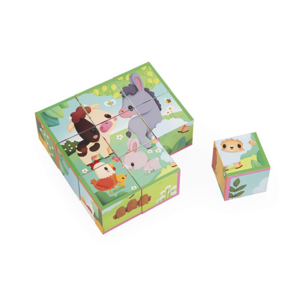 FARMA drewniane klocki sześcienne 6 w 1 zwierzątka układanka kostki 9 el. Janod 2+