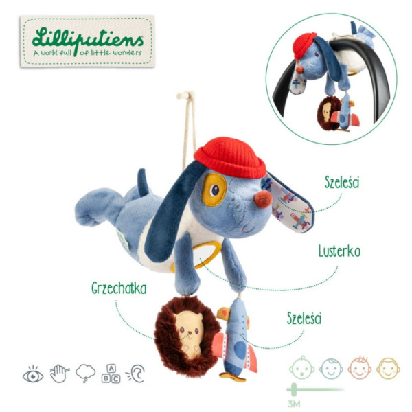 PIESEK JULES wielofunkcyjna przytulanka do zawieszenia Lilliputiens 3m+