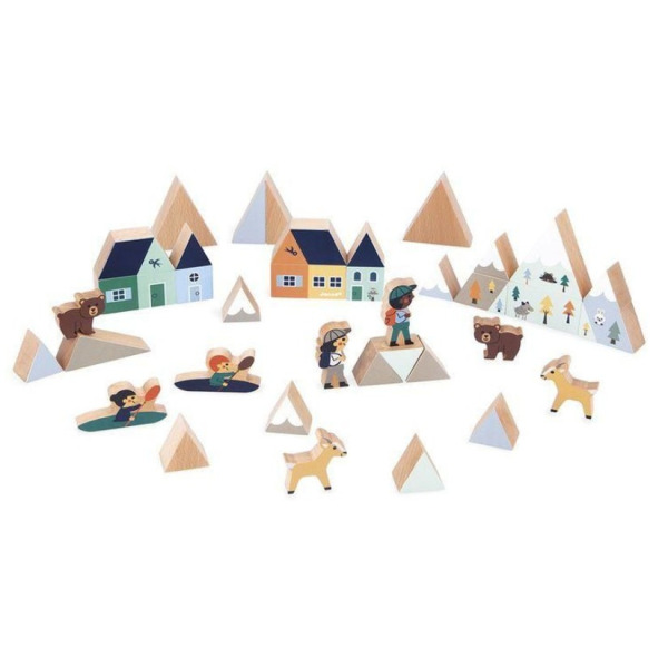 BIAŁA DOLINA zestaw drewnianych klocków i figurek 35 el. góry Cross Roads Janod 2+