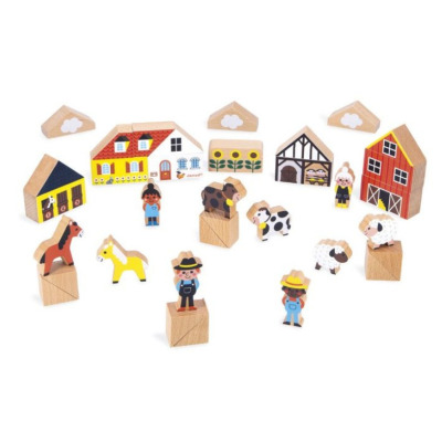 WIEŚ zestaw drewnianych klocków i figurek 34 el. farma Cross Roads  Janod 2+