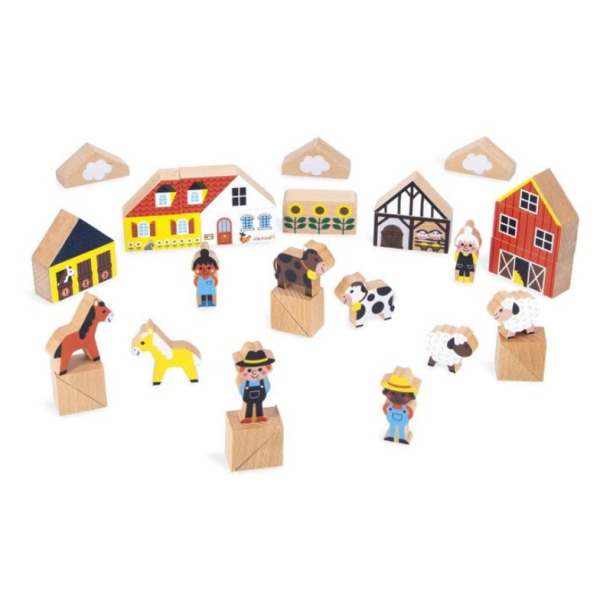 WIEŚ zestaw drewnianych klocków i figurek 34 el. farma Cross Roads  Janod 2+