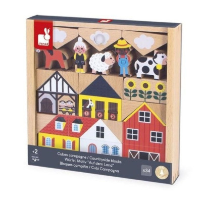 WIEŚ zestaw drewnianych klocków i figurek 34 el. farma Cross Roads  Janod 2+
