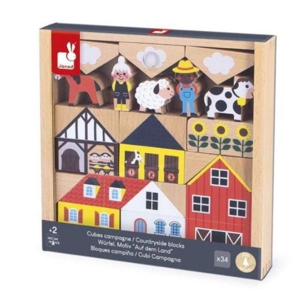 WIEŚ zestaw drewnianych klocków i figurek 34 el. farma Cross Roads  Janod 2+
