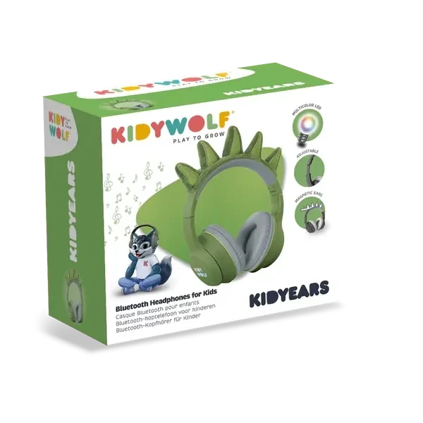 DINOZAUR zielone słuchawki Bluetooth z magnetycznymi kolcami Kidywolf 4+