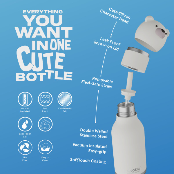 NIEDŹWIEDŹ POLARNY biała butelka termiczna ze słomką 460 ml Bestie Asobu