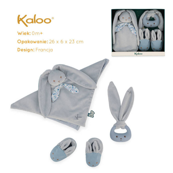 KRÓLICZEK niebiesko-szary zestaw prezentowy 3 w 1 (komforter + gryzak + buciki) kolekcja Lapinoo Kaloo 0+