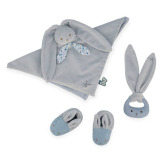 KRÓLICZEK niebiesko-szary zestaw prezentowy 3 w 1 (komforter + gryzak + buciki) kolekcja Lapinoo Kaloo 0+