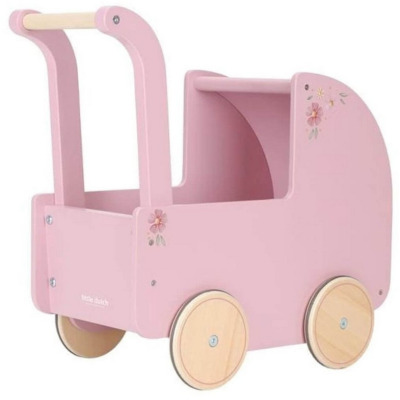GŁĘBOKI DREWNIANY WÓZEK dla lalek FSC różowy z pościelą Little Dutch 18m+