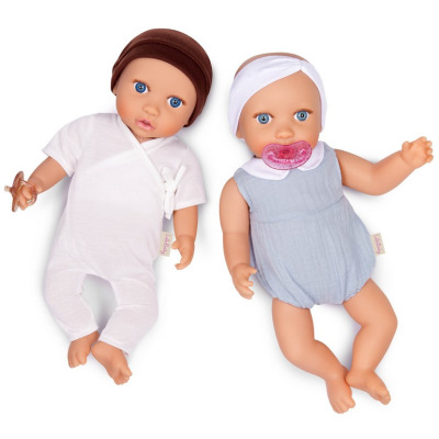 Lalki NIEMOWLĘTA BLIŹNIĘTA dziewczynka i chłopczyk ze smoczkiem, w ubranku i z nakryciem głowy 35 cm LullaBaby 2+