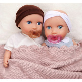 Lalki NIEMOWLĘTA BLIŹNIĘTA dziewczynka i chłopczyk ze smoczkiem, w ubranku i z nakryciem głowy 35 cm LullaBaby 2+