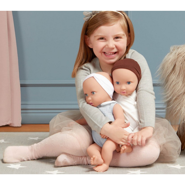 Lalki NIEMOWLĘTA BLIŹNIĘTA dziewczynka i chłopczyk ze smoczkiem, w ubranku i z nakryciem głowy 35 cm LullaBaby 2+