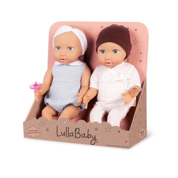 Lalki NIEMOWLĘTA BLIŹNIĘTA dziewczynka i chłopczyk ze smoczkiem, w ubranku i z nakryciem głowy 35 cm LullaBaby 2+