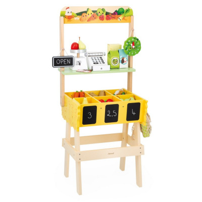DREWNIANY SKLEP duży straganik warzywniak z akcesoriami i kasą Farma Janod 3+