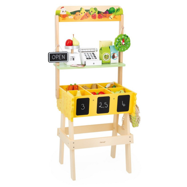 DREWNIANY SKLEP duży straganik warzywniak z akcesoriami i kasą Farma Janod 3+